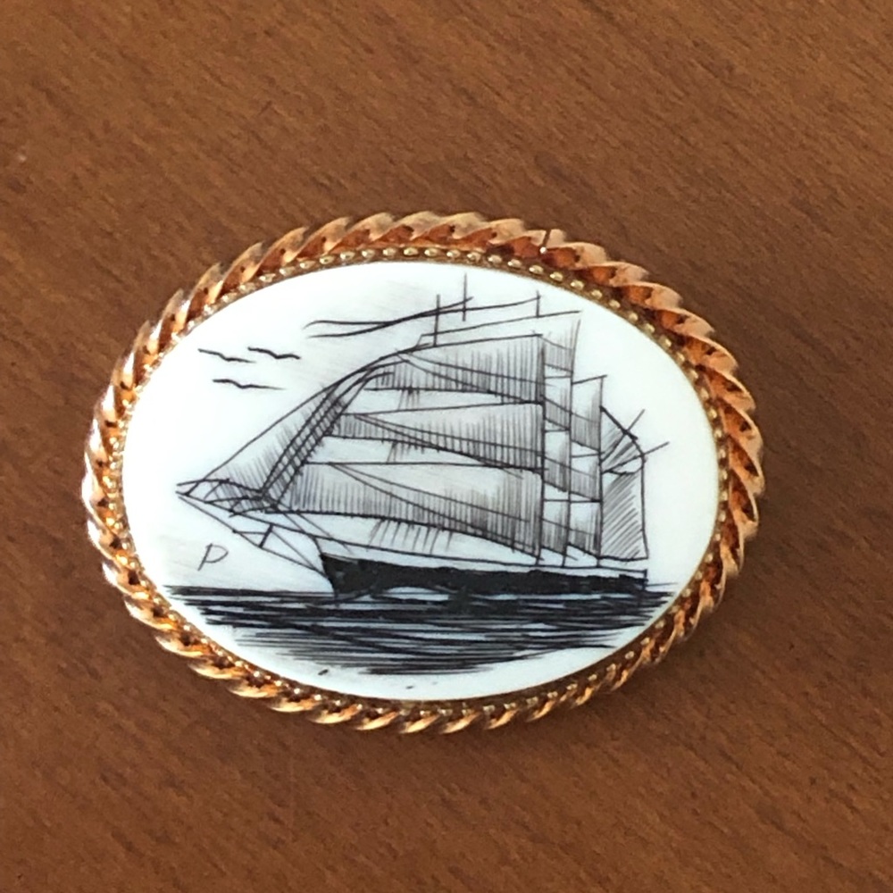 Verna Scrimshaw Ship Brooch - Old Sailing Ship